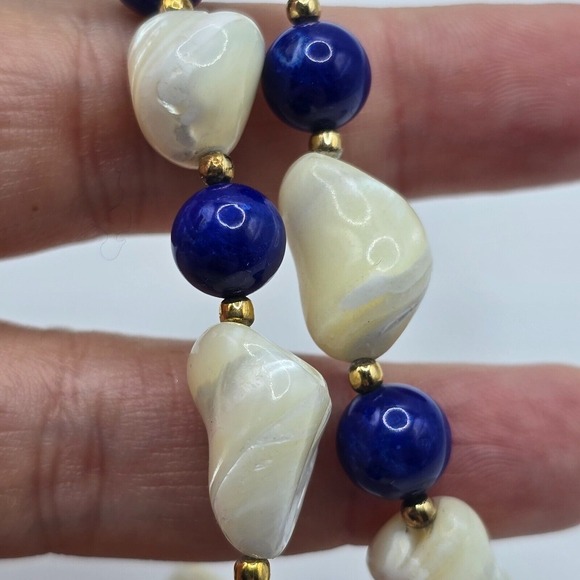 Cobalt Blue and Cream Beaded Necklace Gold‎ Tone Spacers Womens Fashion Jewelry - Picture 7 of 9
